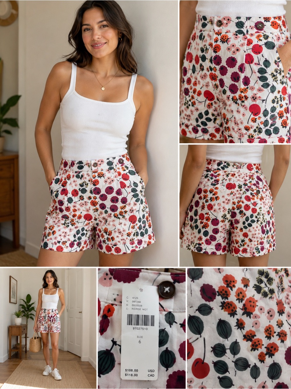 Maeve White Floral High-Rise Shorts with Pink, Red & Green Motif